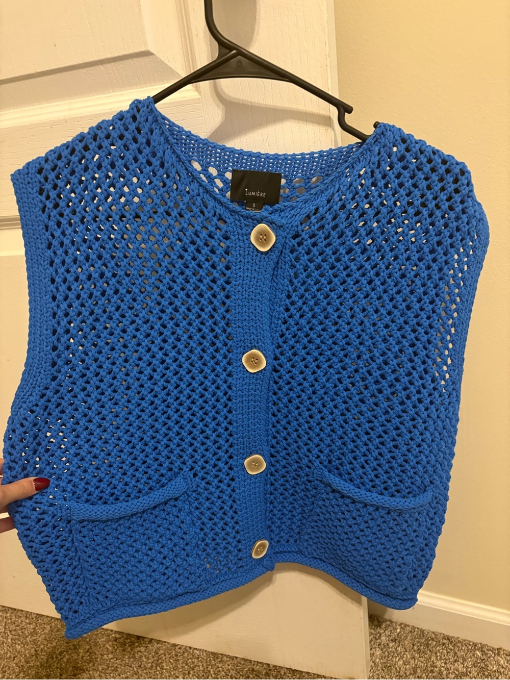 Lumiere Bright Blue Crochet Button-Front Vest with Pockets